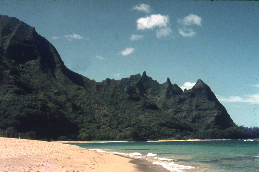 Makana Peak, Bali Hai, From Haena, north shore of Kauaʻi island in Hawaii - Taylor camp is on the far left - 1974 Photo Lloyd Godman