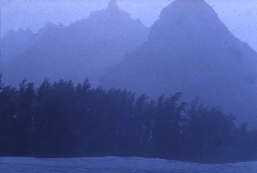 Makana Peak, Bali Hai, from the ocean, Haena, north shore of Kauaʻi island in Hawaii - Taylor camp is on the far left - 1974 photo Lloyd Godman