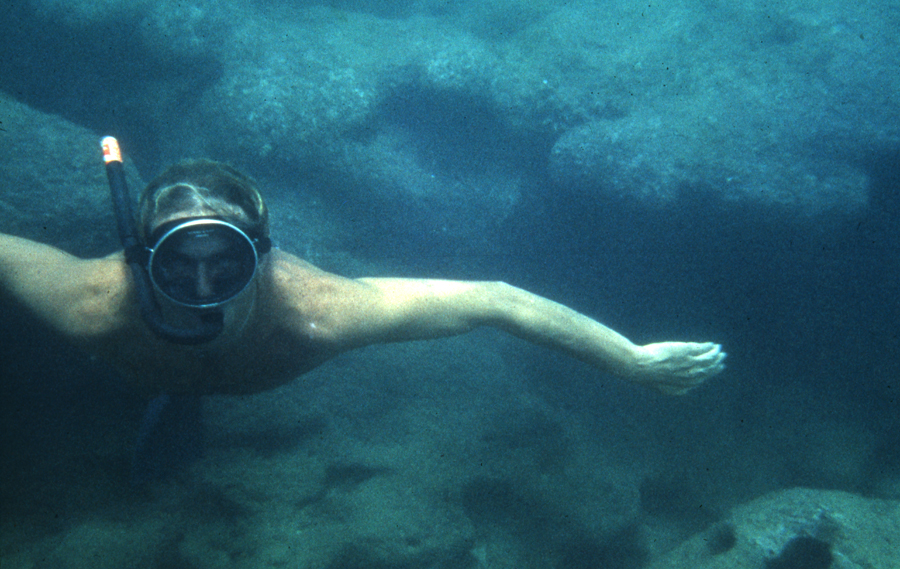 Australian Chris Brock diving on one of the reefs in front of Taylor Camp , Photo lloyd godman