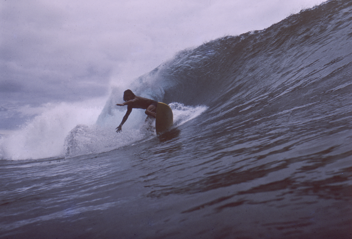 Hawaiian surfer Jimmy Lucus surfing Bobos break in 1974.