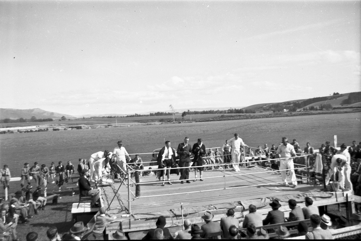 New Zealand out doors boxing tournament - Harold Kindley in white with hat on left